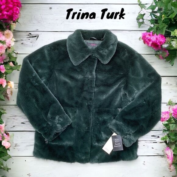 TRINA TURK NWT WOMENS SOFT FAUX FUR COAT JACKET HUNTER GREEN SMALL - Picture 1 of 8